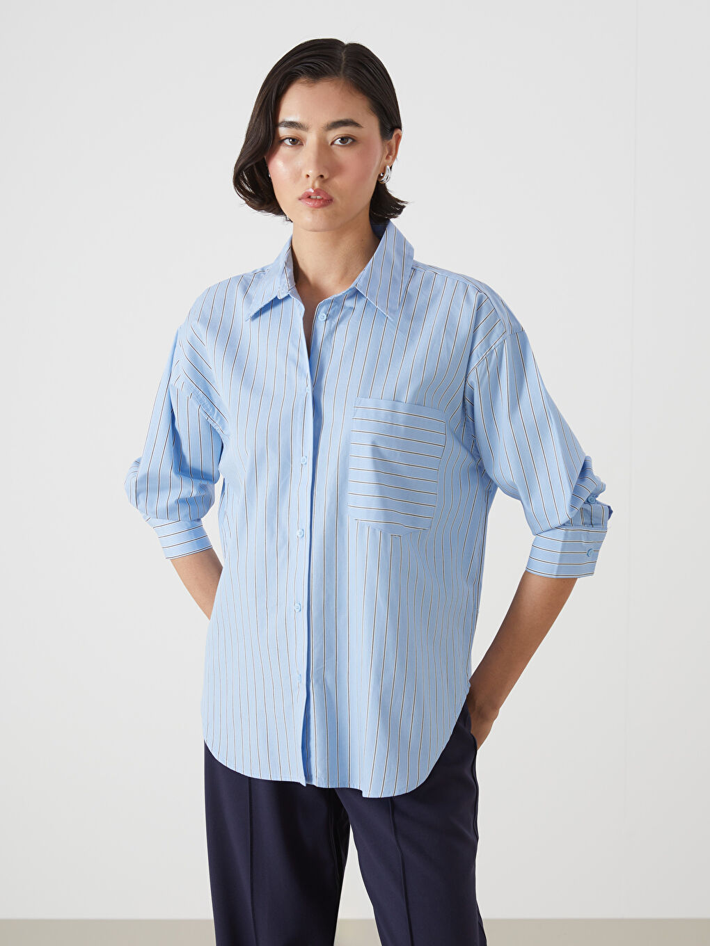 Striped Oversize Poplin Women's Shirt -S57218Z8-LEN