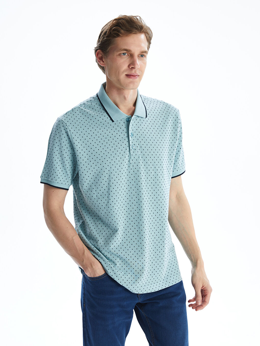 Polo Neck Short Sleeve Patterned Pike Men's T-shirt -S57226Z8-YSV