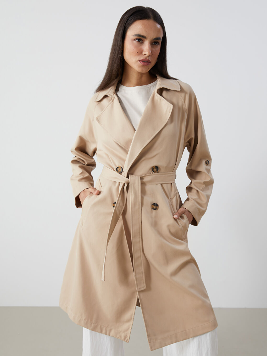 Women's Jacket Collar Plain Trench Coat -S57248Z8-KNF