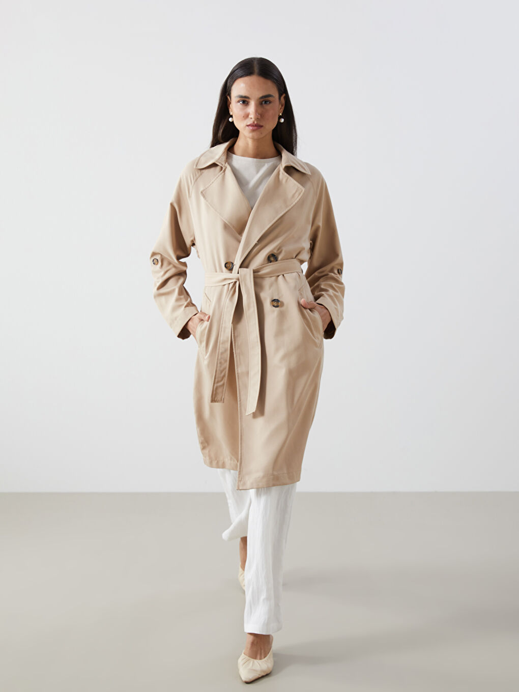Women's Jacket Collar Plain Trench Coat -S57248Z8-KNF