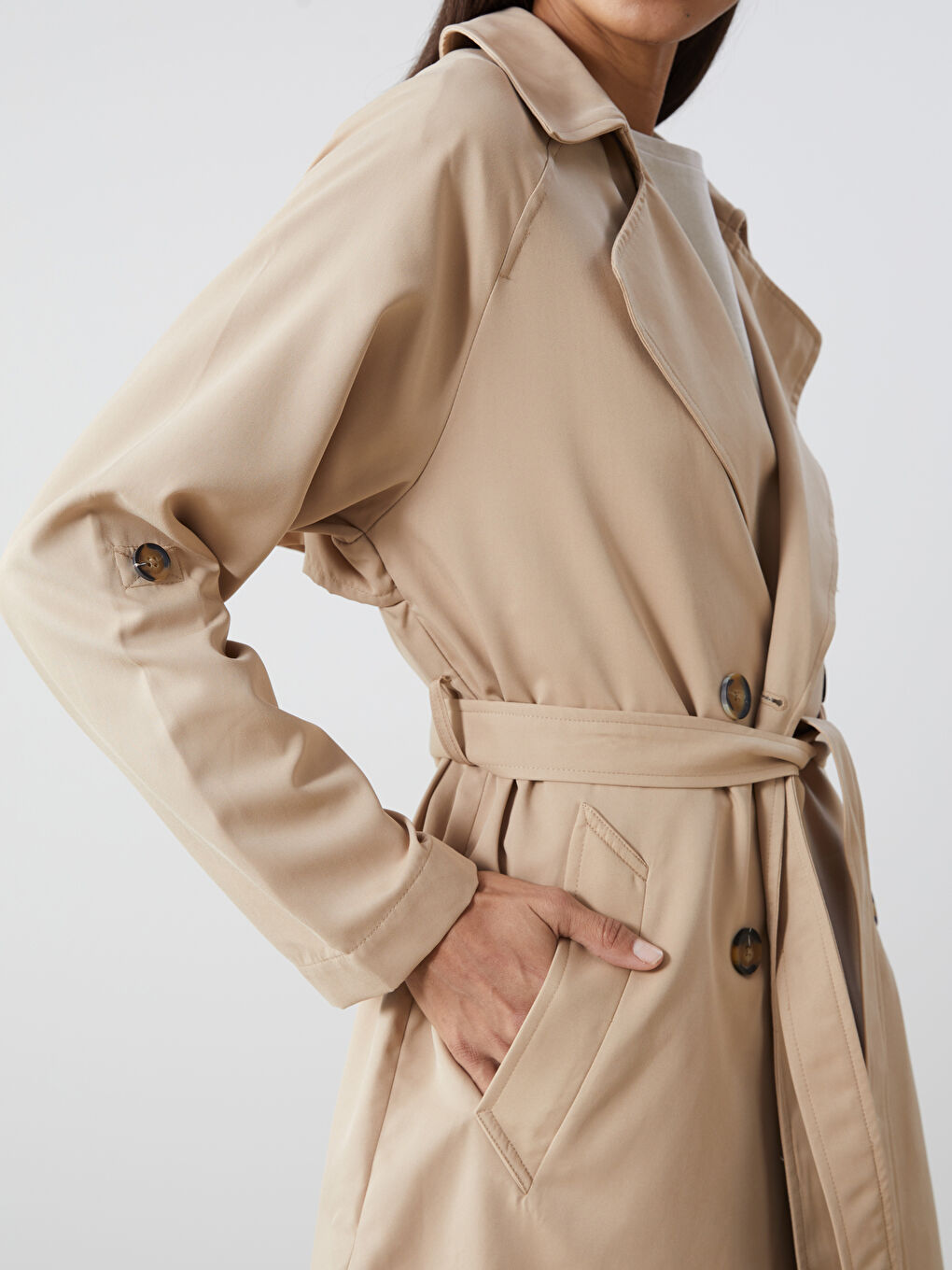 Women's Jacket Collar Plain Trench Coat -S57248Z8-KNF