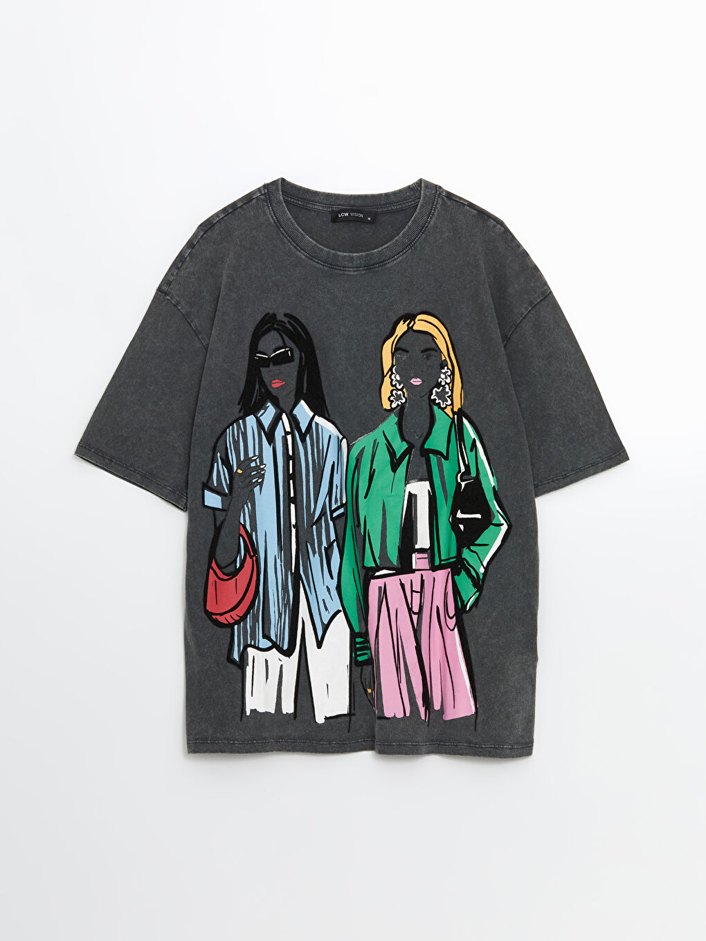 әйелдерге арналған дөңгелек жағалы принтті оверсайз футболка-4