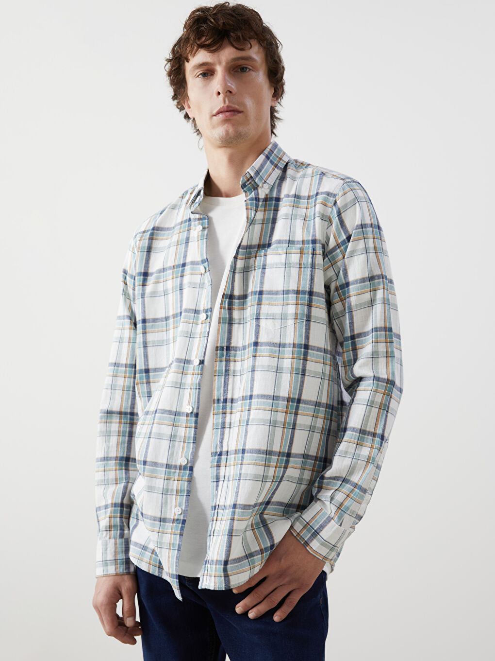 Regular Fit Long Sleeve Plaid Poplin Men's Shirt -S57306Z8-LME