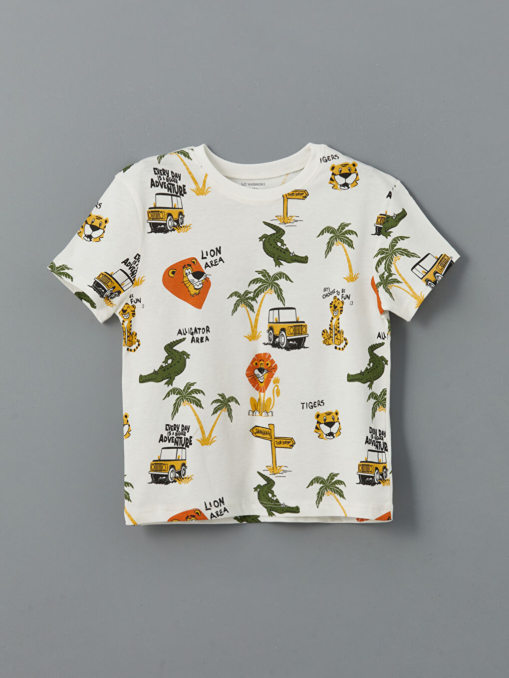 Ekru Bisiklet Yaka Baskılı Erkek Çocuk Tişört