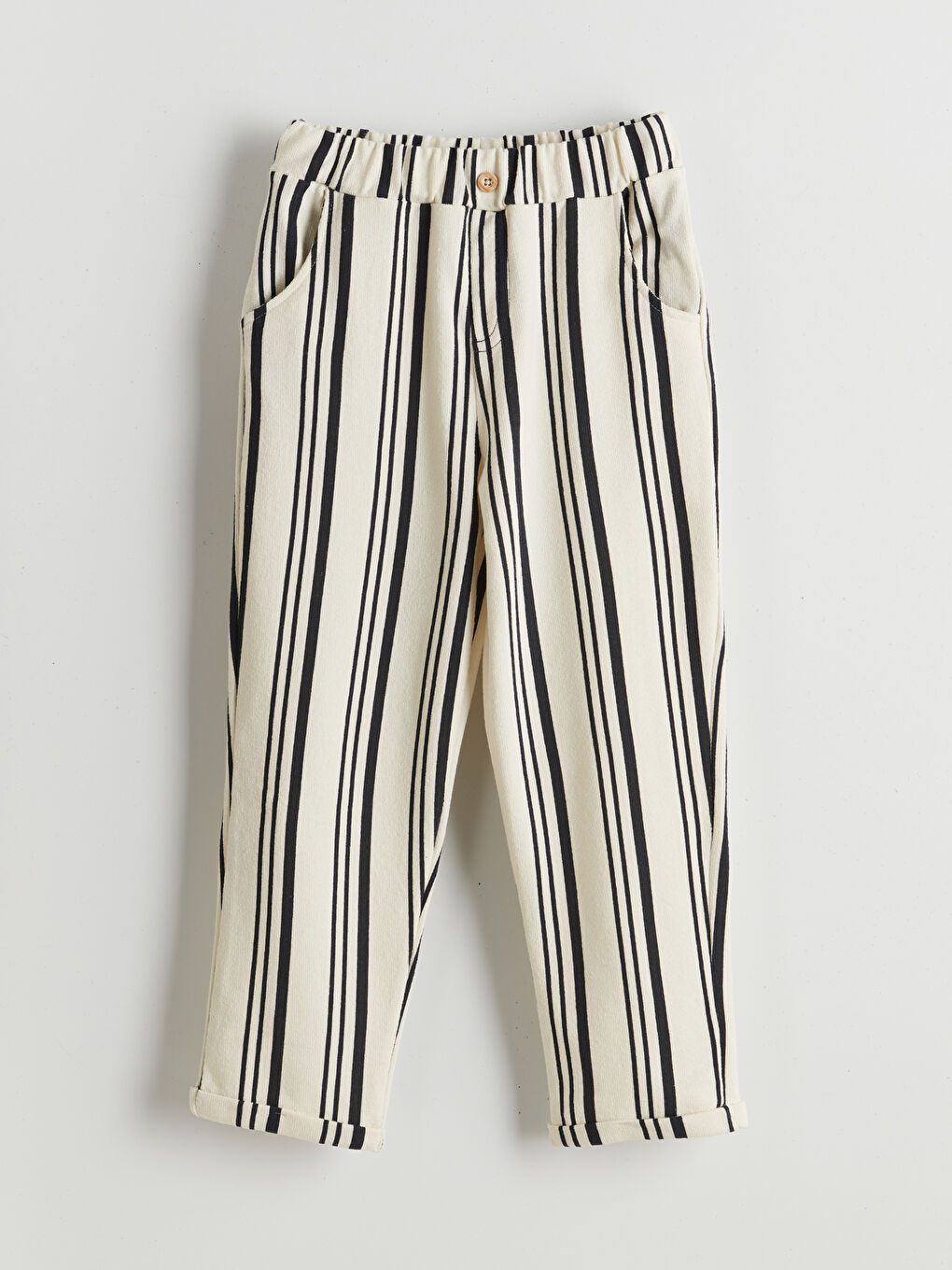 Bej Beli Lastikli Çizgili Erkek Çocuk Pantolon