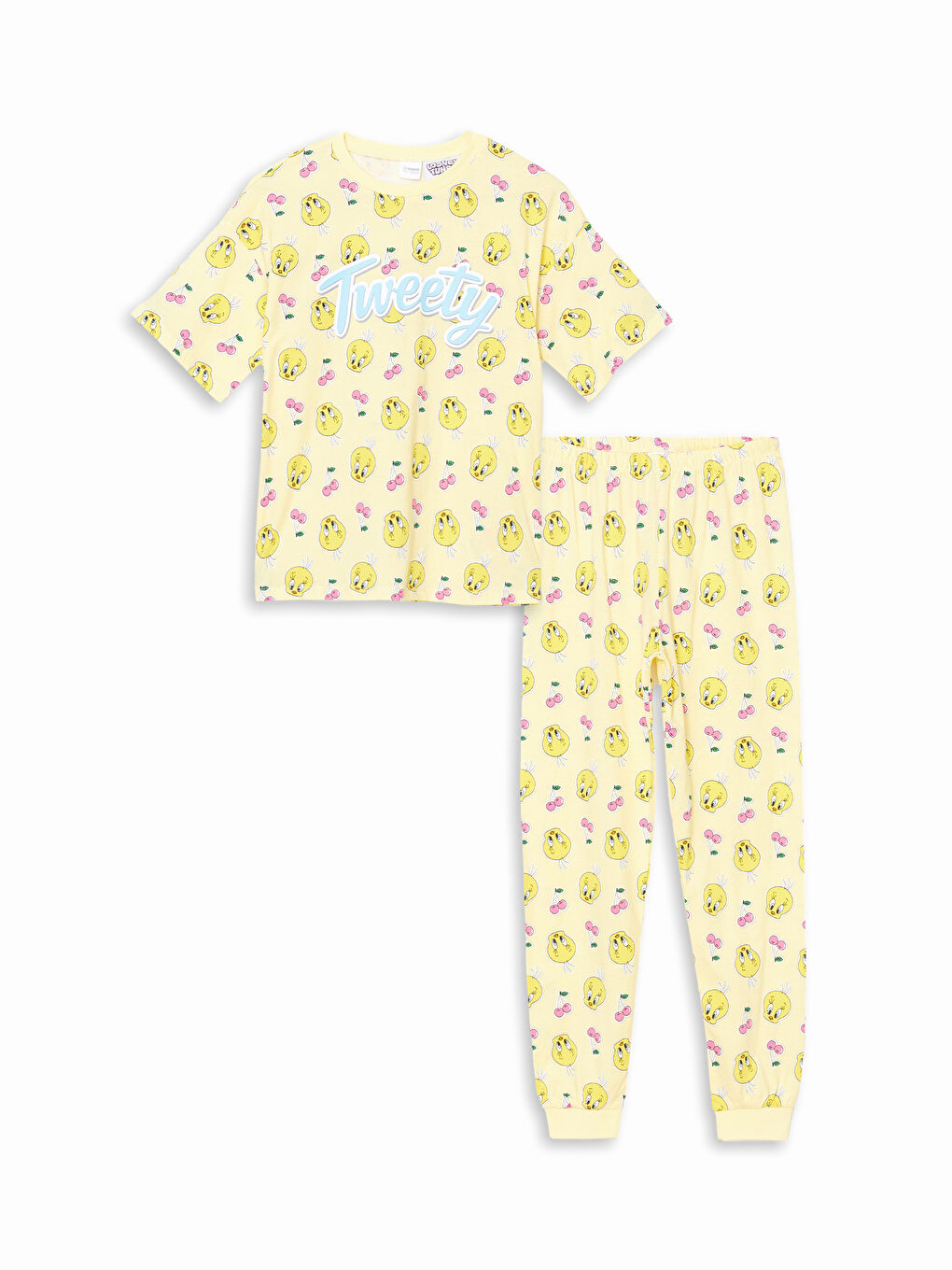 LCW Kids Sarı Bisiklet Yaka Tweety Baskılı Kız Çocuk Pijama Takımı