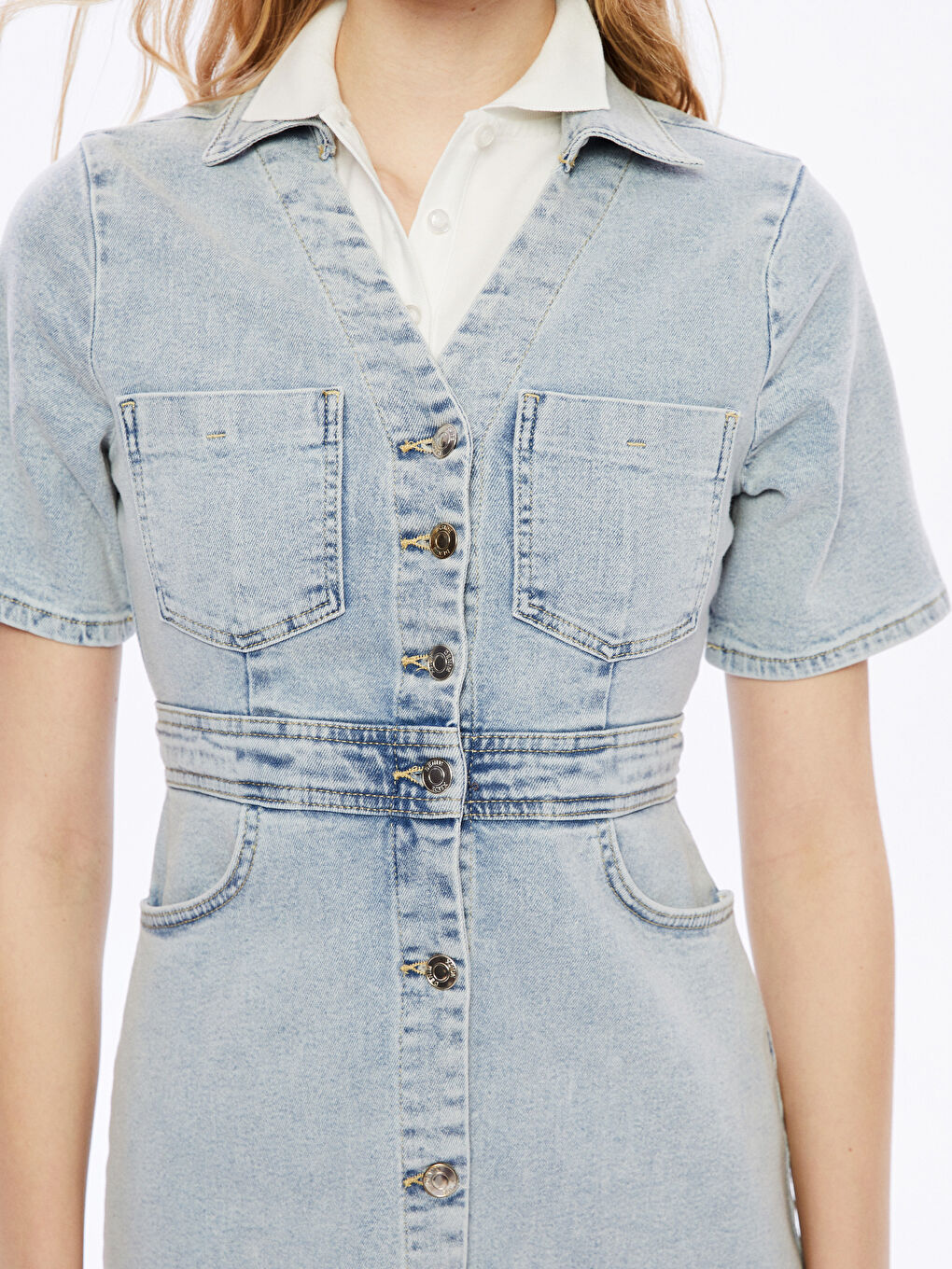 Mavi Gömlek Yaka Kadın Jean Mini Elbise-2