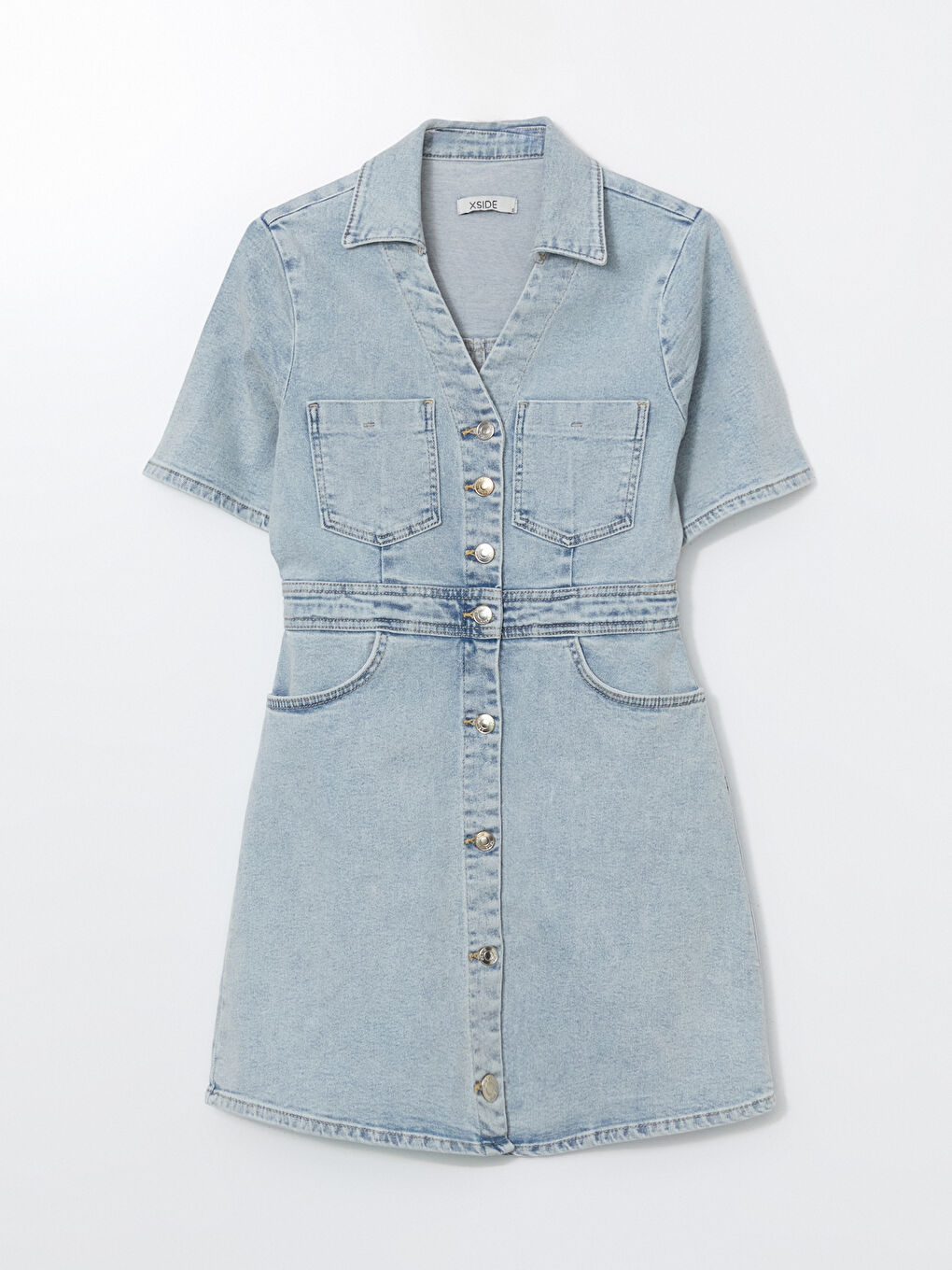 Mavi Gömlek Yaka Kadın Jean Mini Elbise-4