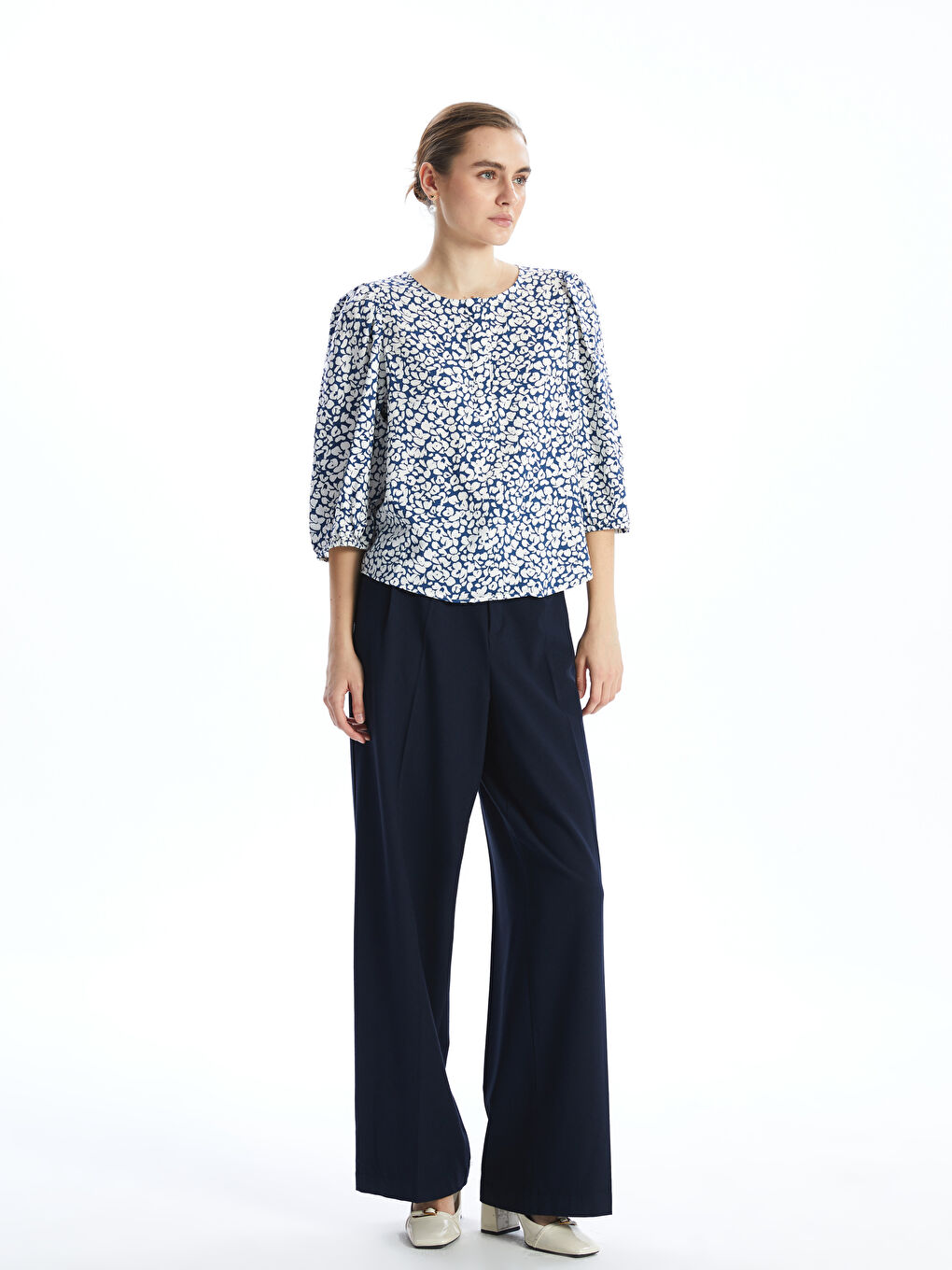 Ženska cvetna žakardna bluza sa okruglim izrezom -S57493Z8-LSJ