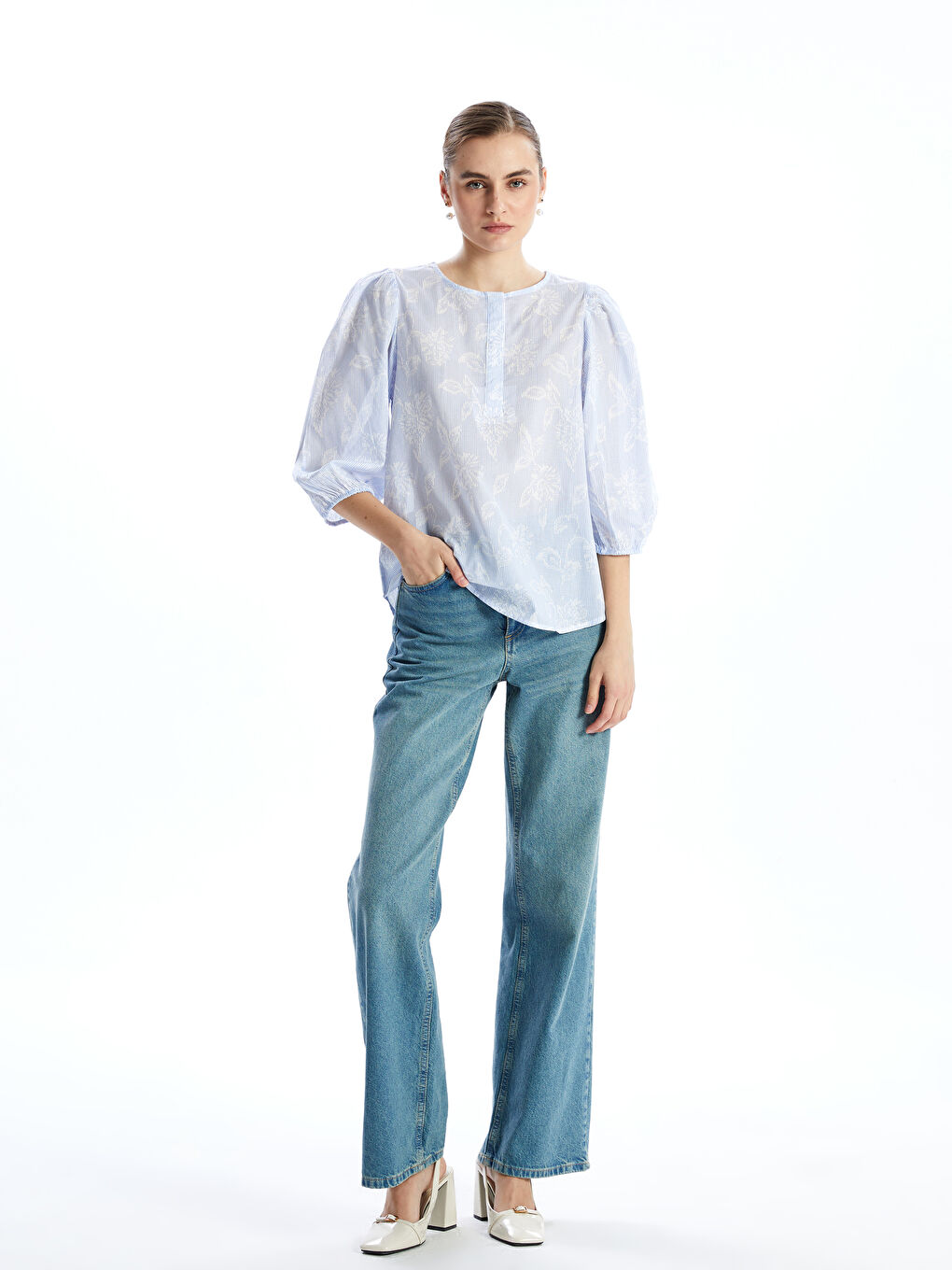 Crew Neck Floral Jacquard Women's Blouse -S57494Z8-LEN