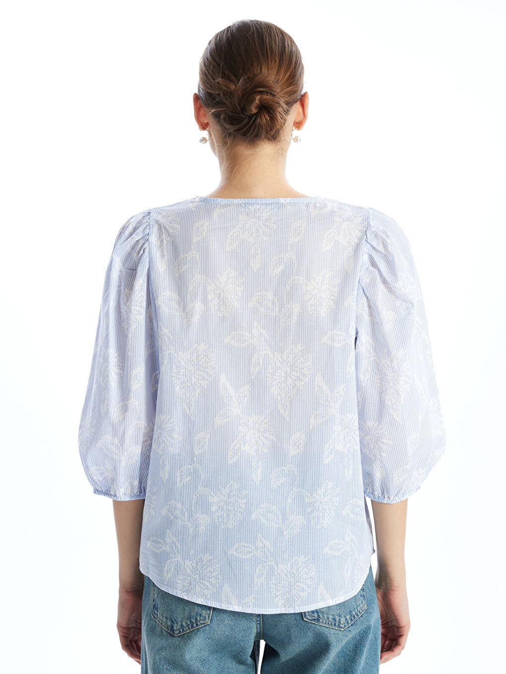 Crew Neck Floral Jacquard Women's Blouse -S57494Z8-LEN