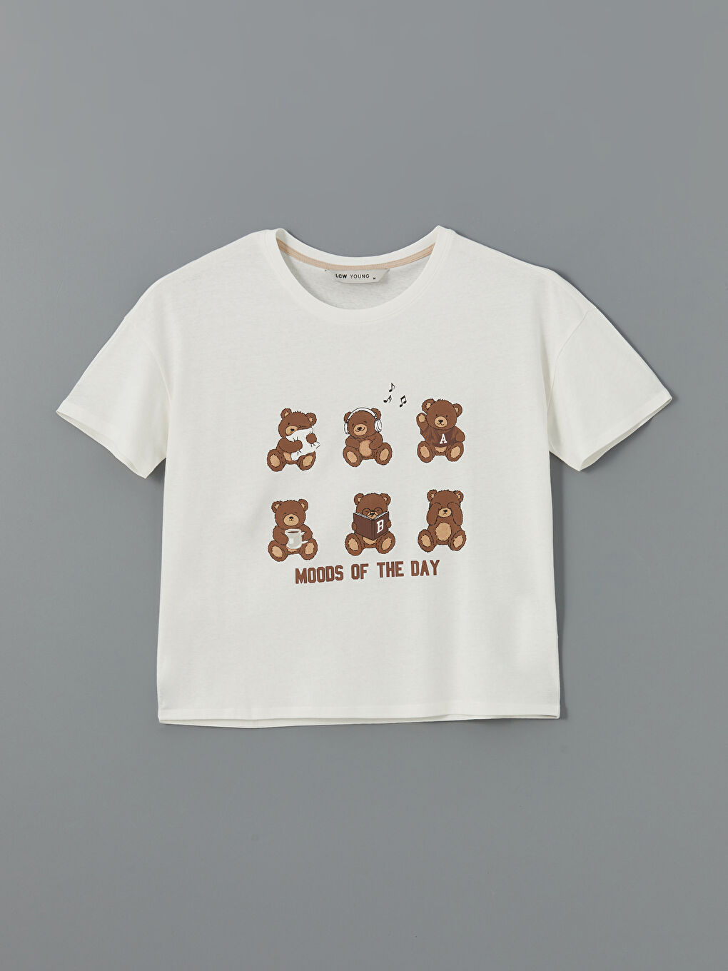 Ekru Bisiklet Yaka Ayı Teddy Baskılı Kadın Pijama Üstü