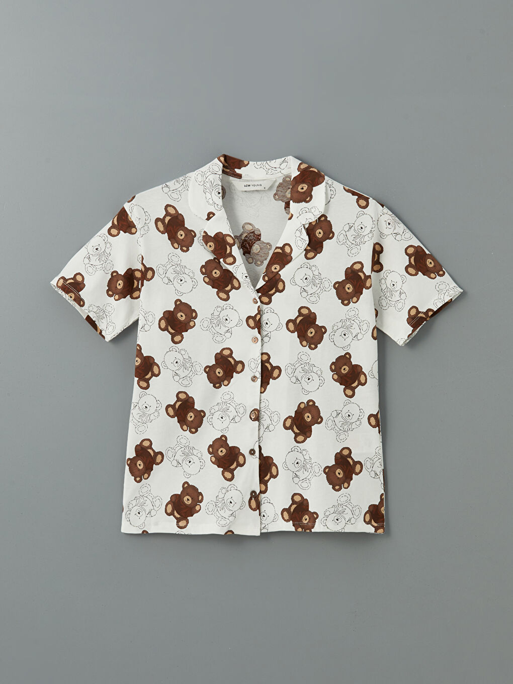 Ekru Gömlek Yaka Ayı Teddy Baskılı Kadın Pijama Üstü