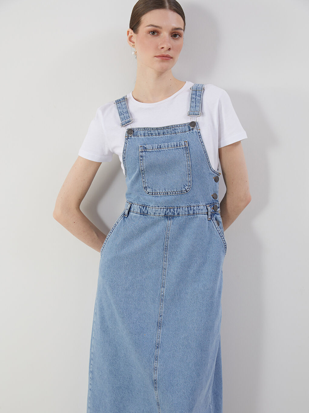 Quadratischer Kragen Riemchen Damen Denim-Latzhosen-Kleid-2