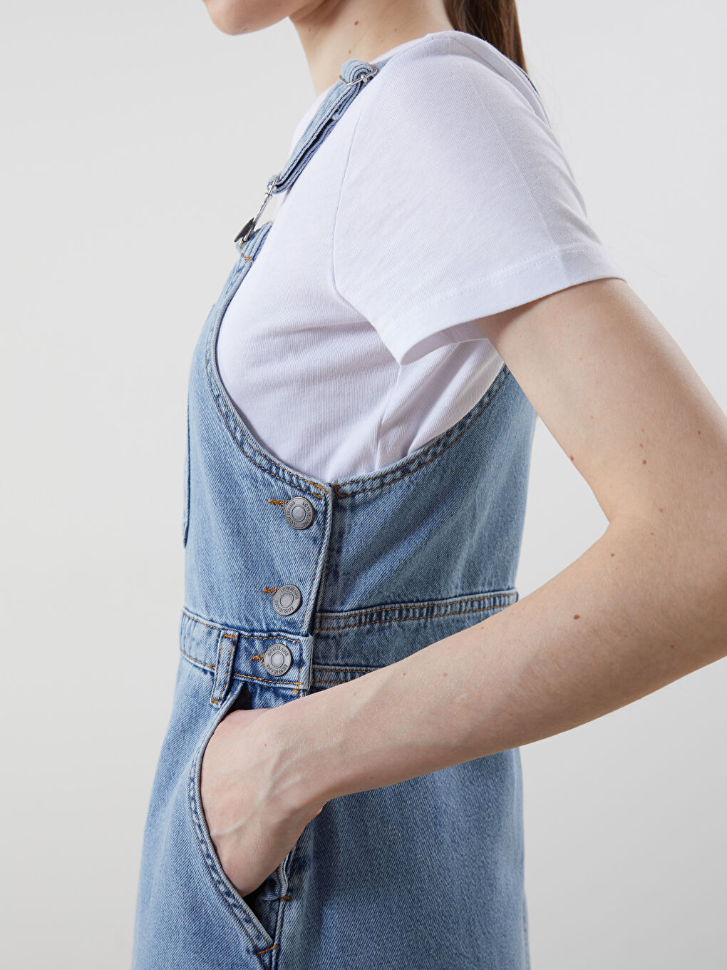Quadratischer Kragen Riemchen Damen Denim-Latzhosen-Kleid-4