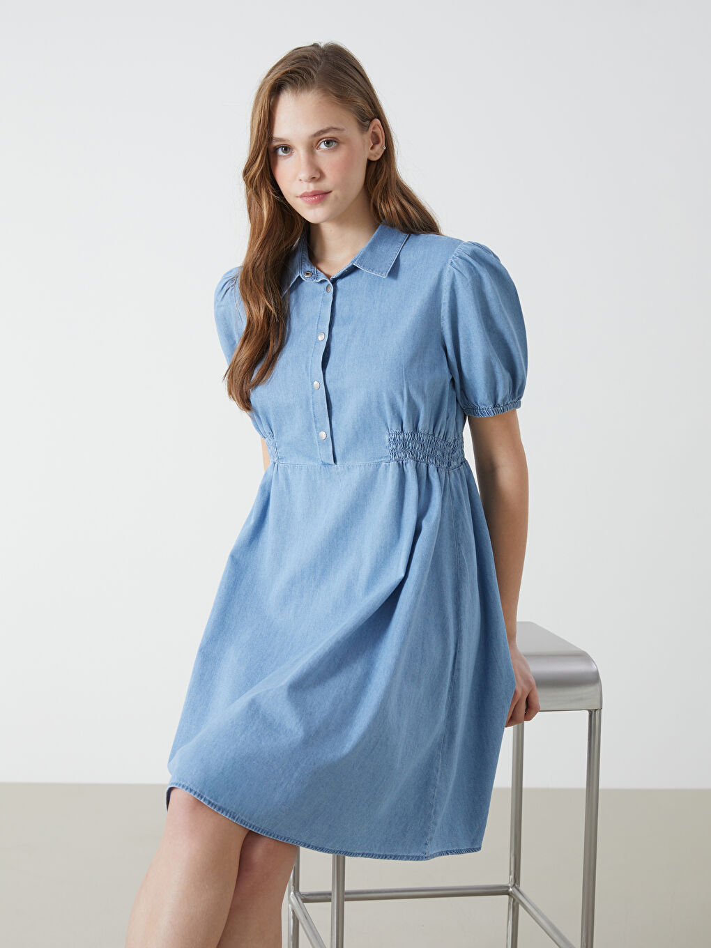 Plain Gathered Women's Denim Dress -S57869Z8-507