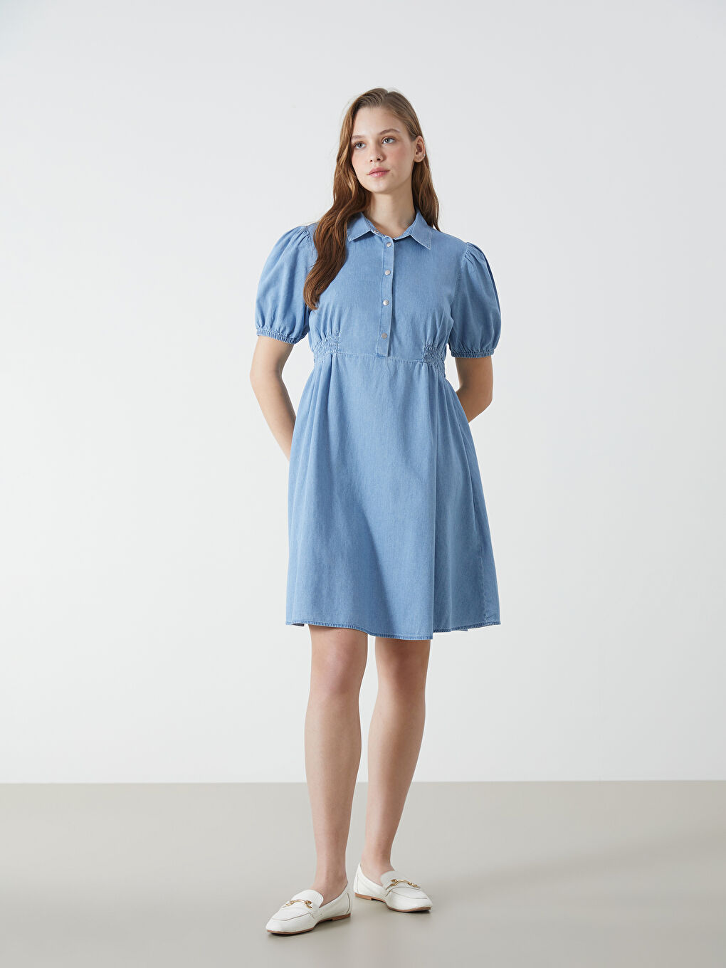 Plain Gathered Women's Denim Dress -S57869Z8-507