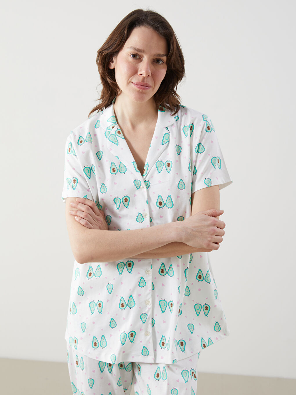 Ekru Gömlek Yaka Desenli Kadın Pijama Üstü