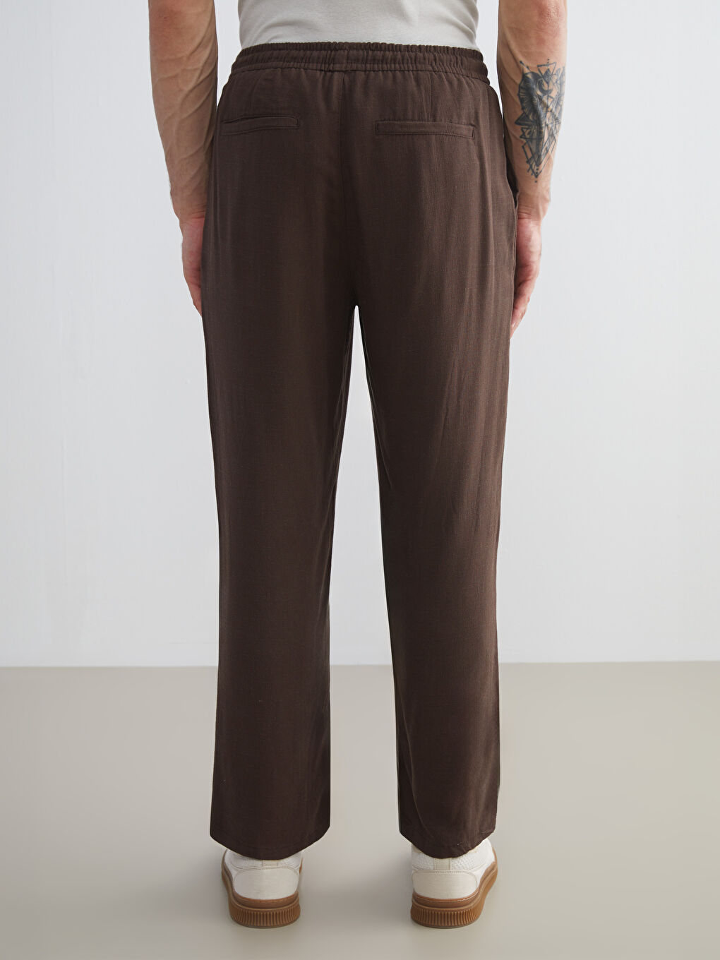 Kahverengi Standart Kalıp Keten Karışımlı Erkek Pantolon-3