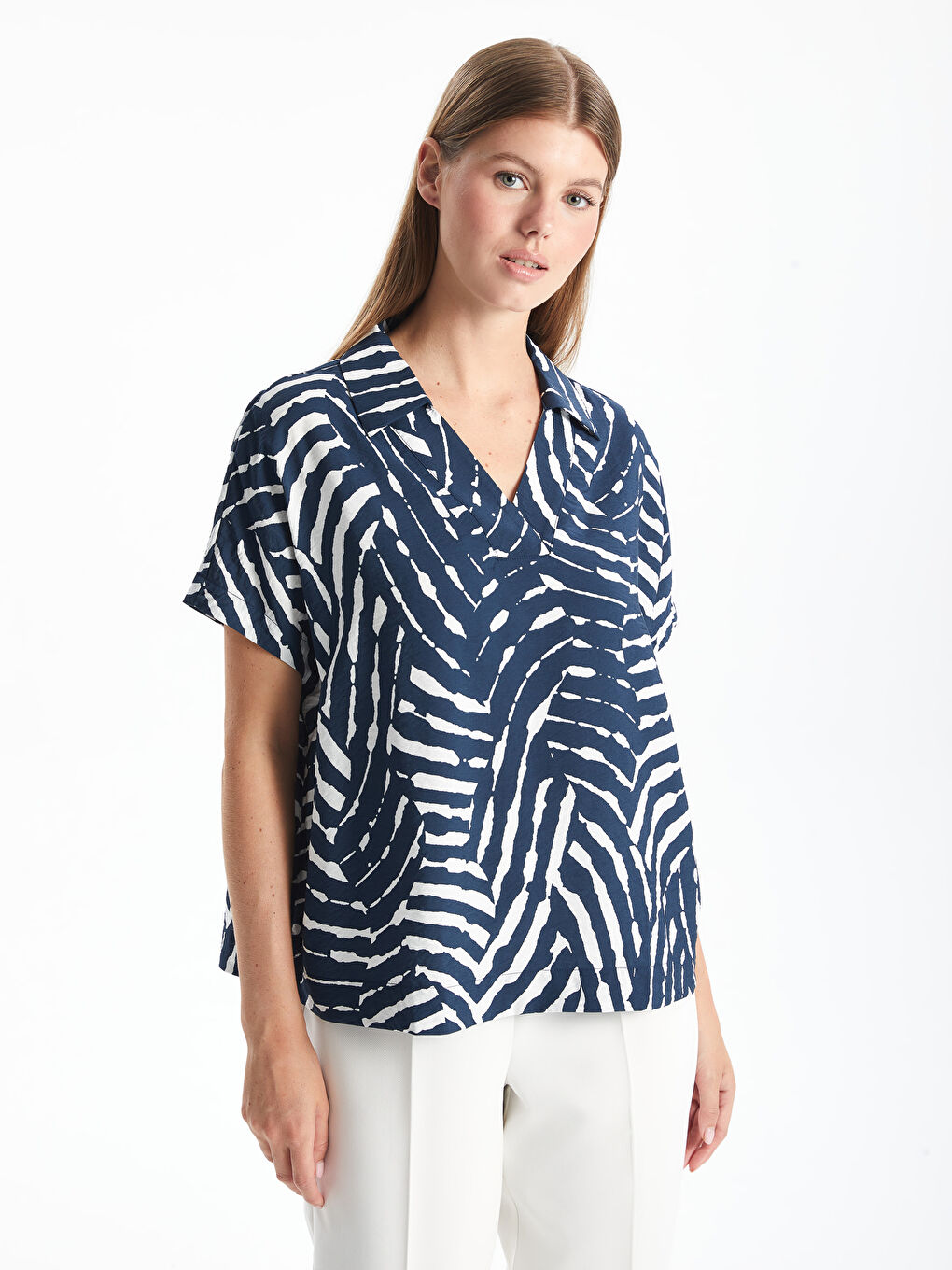 Polo Neck Patterned Women's Blouse -S57925Z8-LSJ