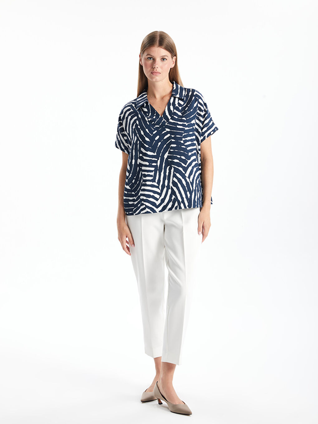Polo Neck Patterned Women's Blouse -S57925Z8-LSJ