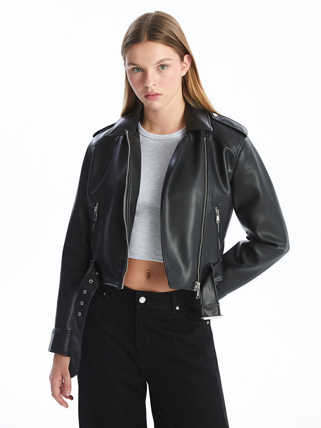 Biker Collar Women's Leather Look Jacket -S57969Z8-CVL
