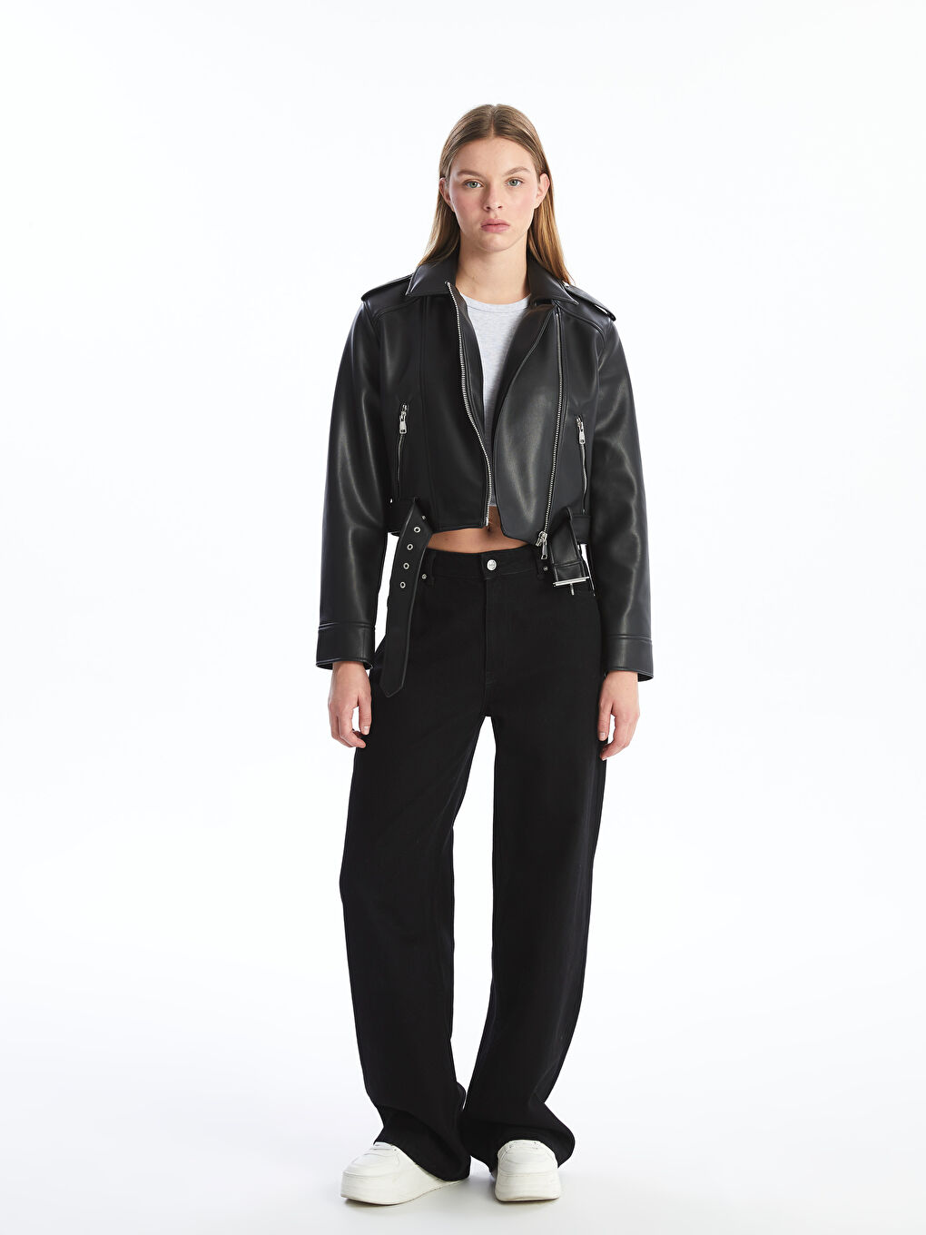 Biker Collar Women's Leather Look Jacket -S57969Z8-CVL
