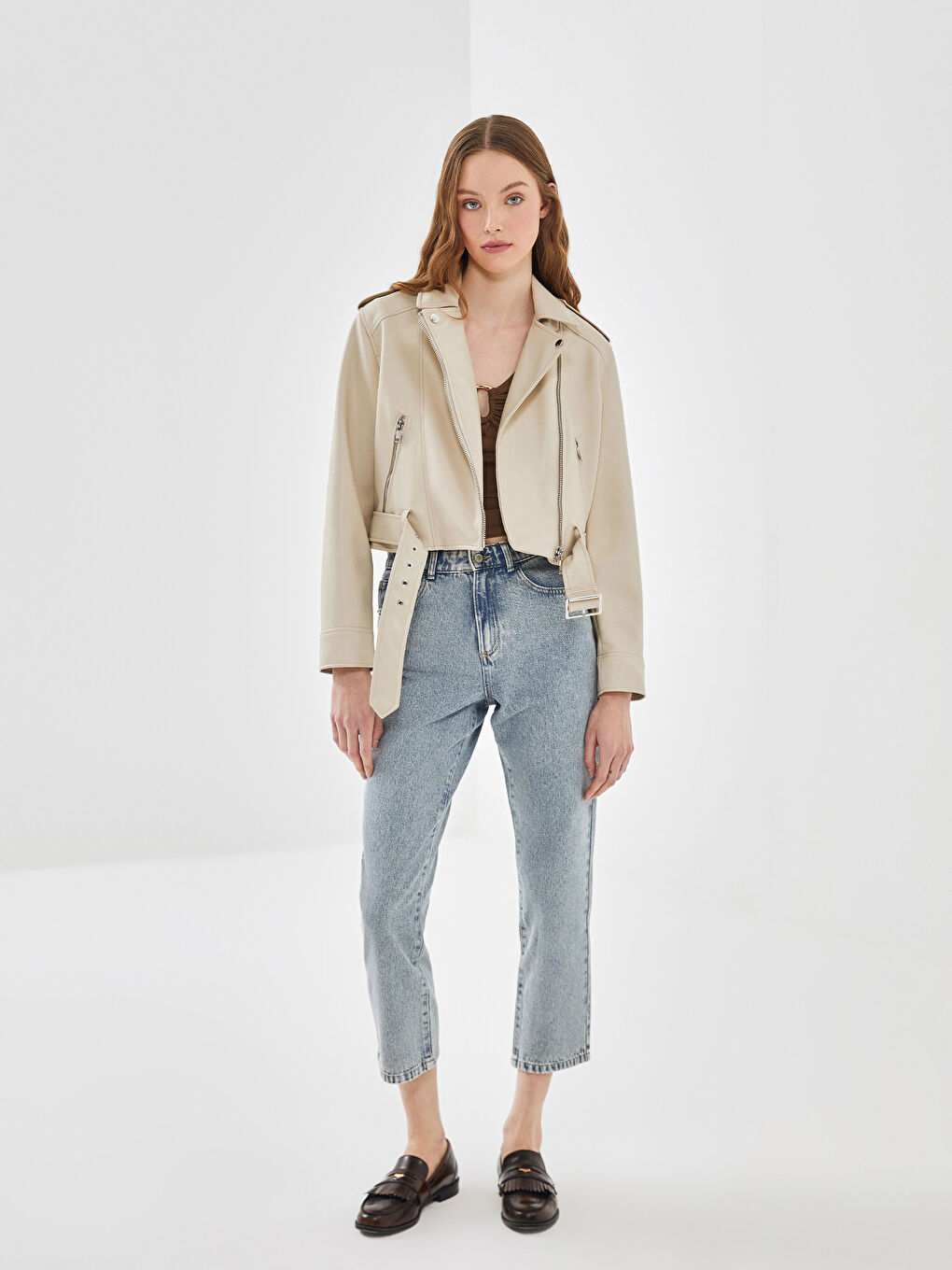 Bej Biker Yaka Kadın Deri Görünümlü Ceket-1