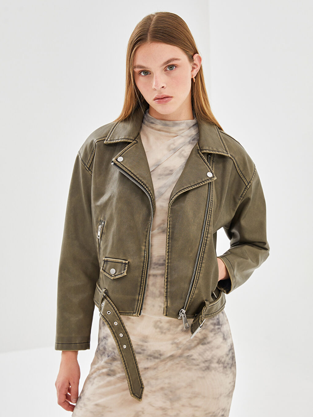 Biker Collar Women's Leather Look Jacket -S57970Z8-502