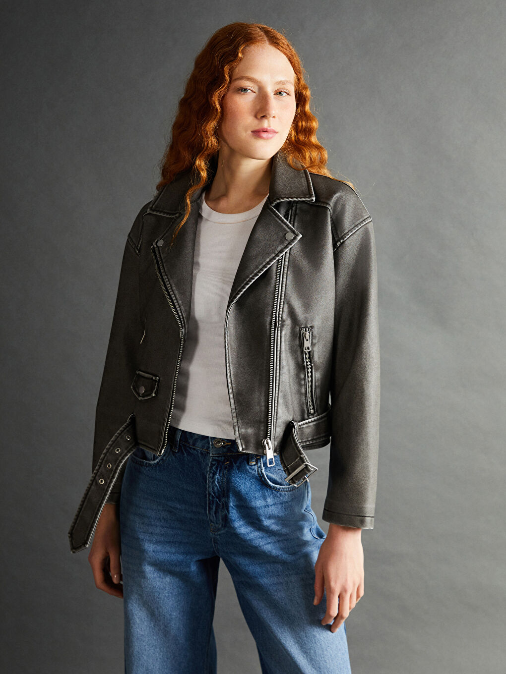 Biker Collar Women's Leather Look Jacket -S57970Z8-KSL