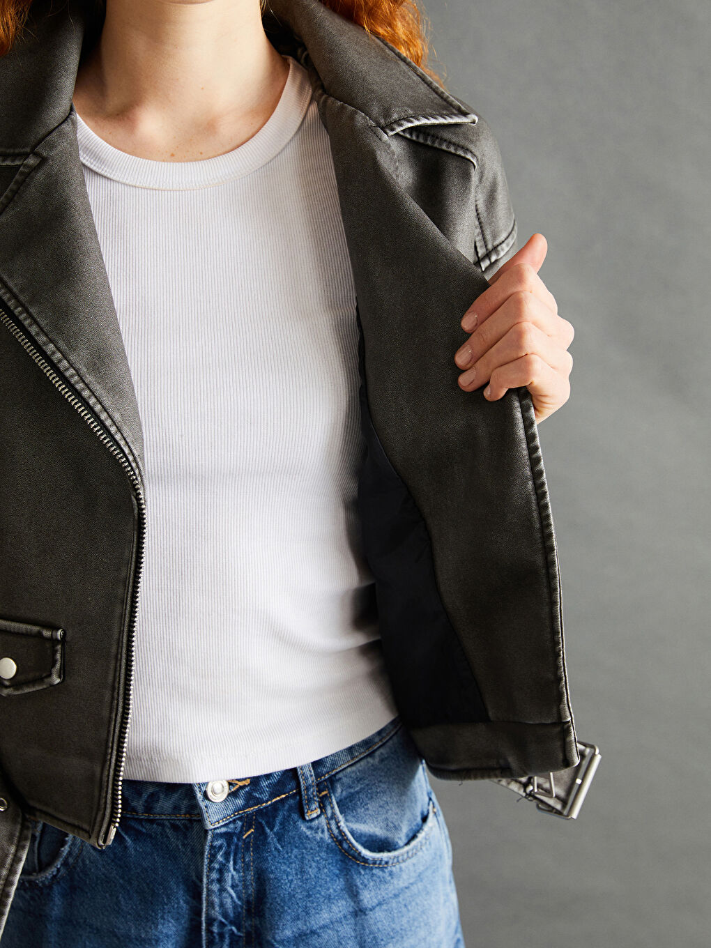 Biker Collar Women's Leather Look Jacket -S57970Z8-KSL