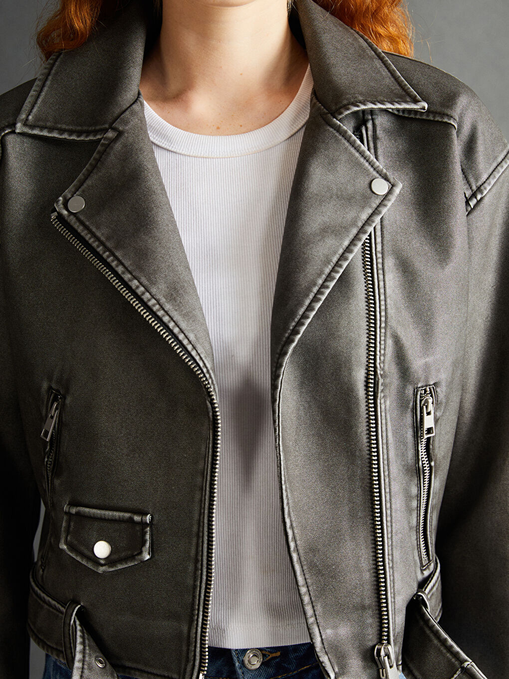 Biker Collar Women's Leather Look Jacket -S57970Z8-KSL