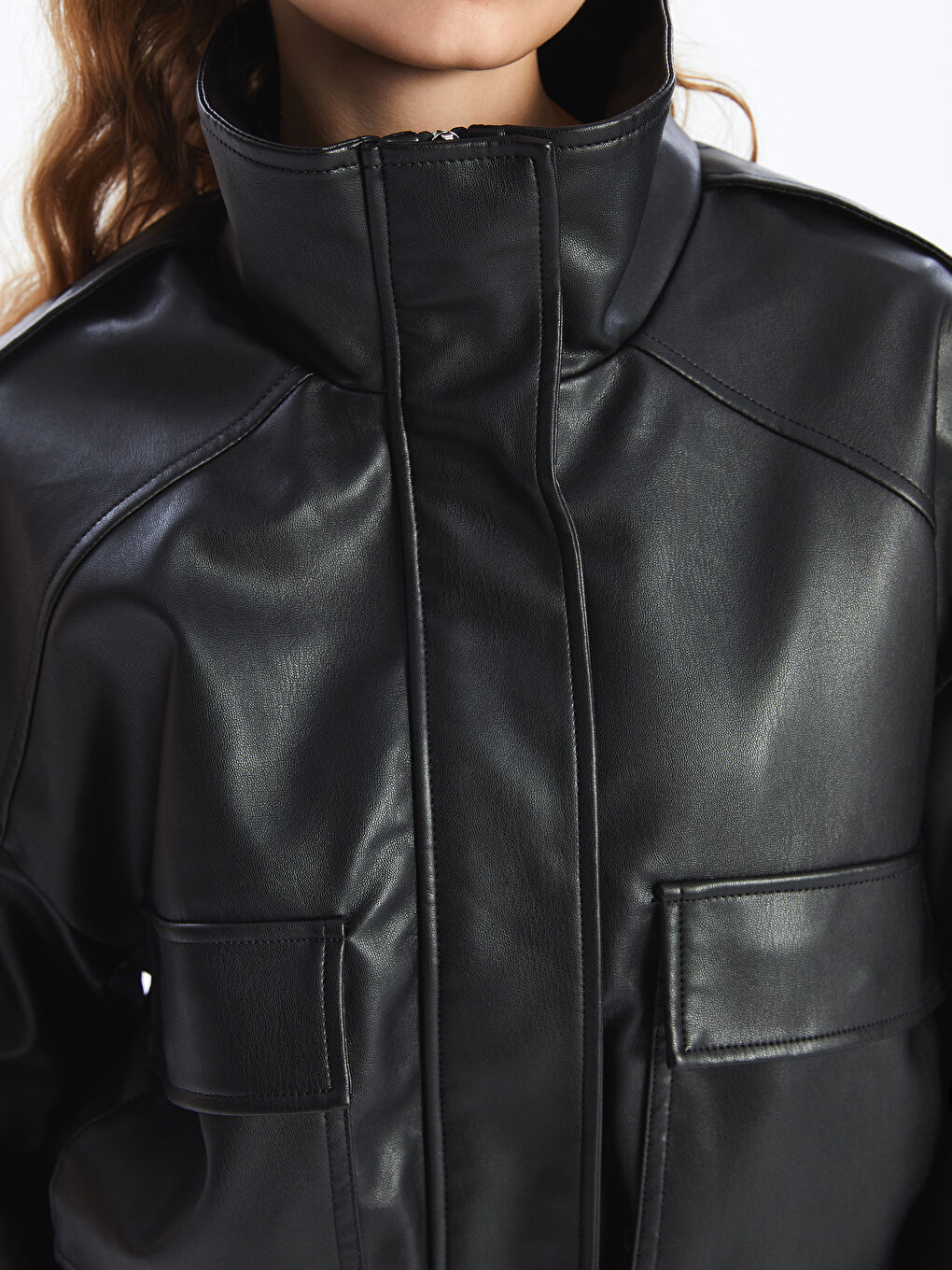Stand Collar Oversize Women's Leather Look Jacket -S57971Z8-CVL
