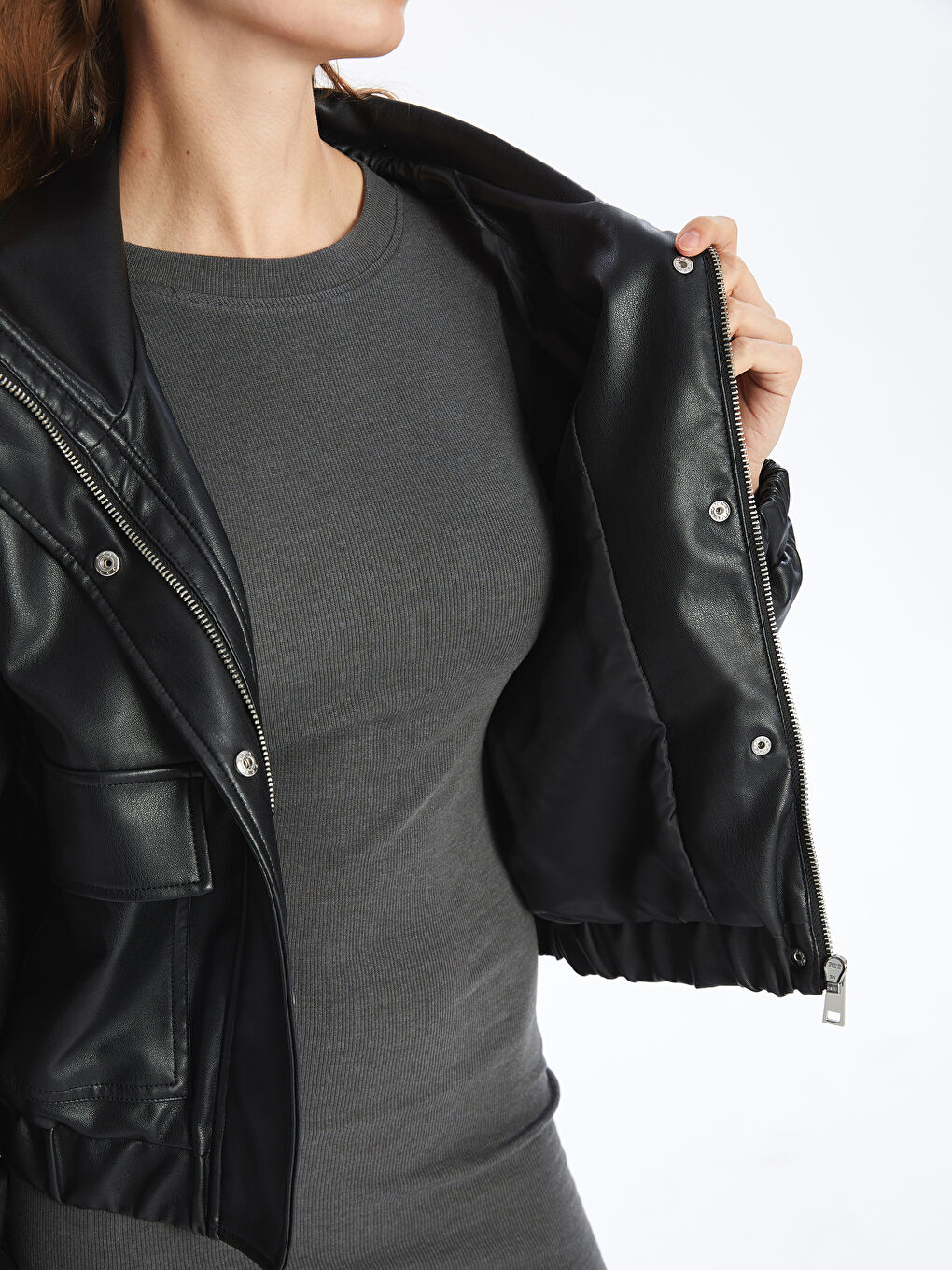 Stand Collar Oversize Women's Leather Look Jacket -S57971Z8-CVL