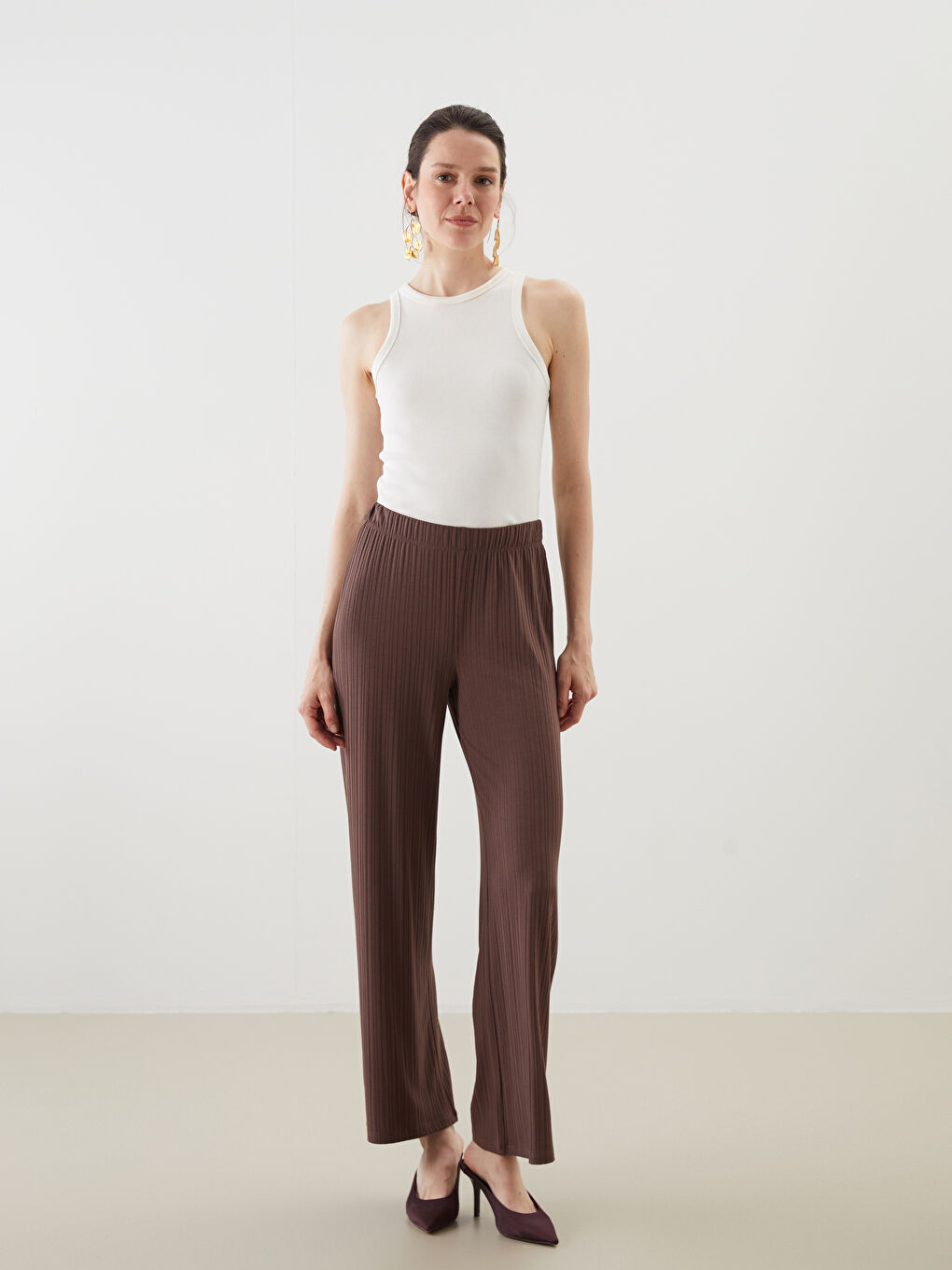 Elastic Waist Textured Women's Trousers -S58225Z8-HLD