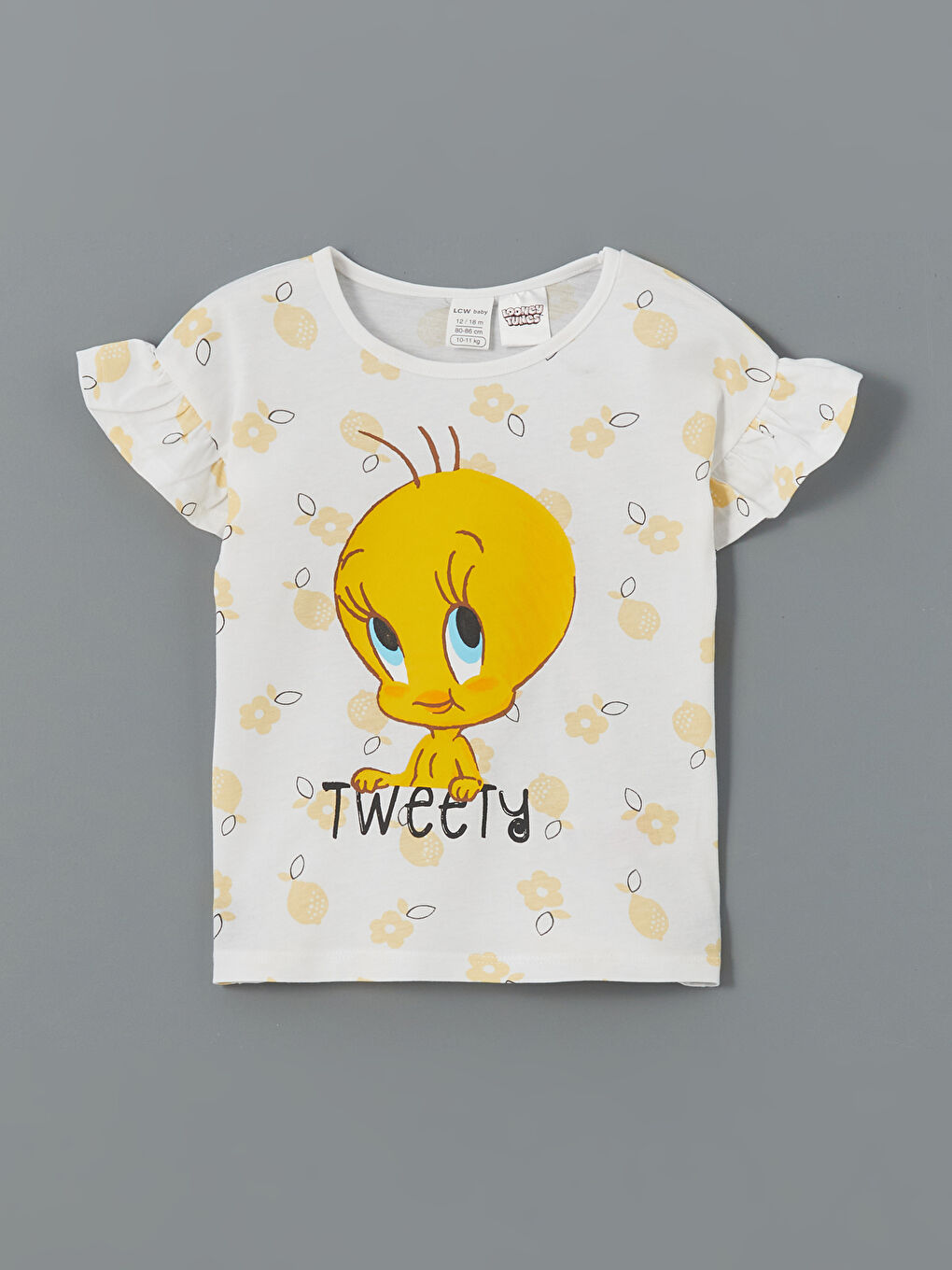 Ekru Bisiklet Yaka Tweety Baskılı Kız Bebek Tişört