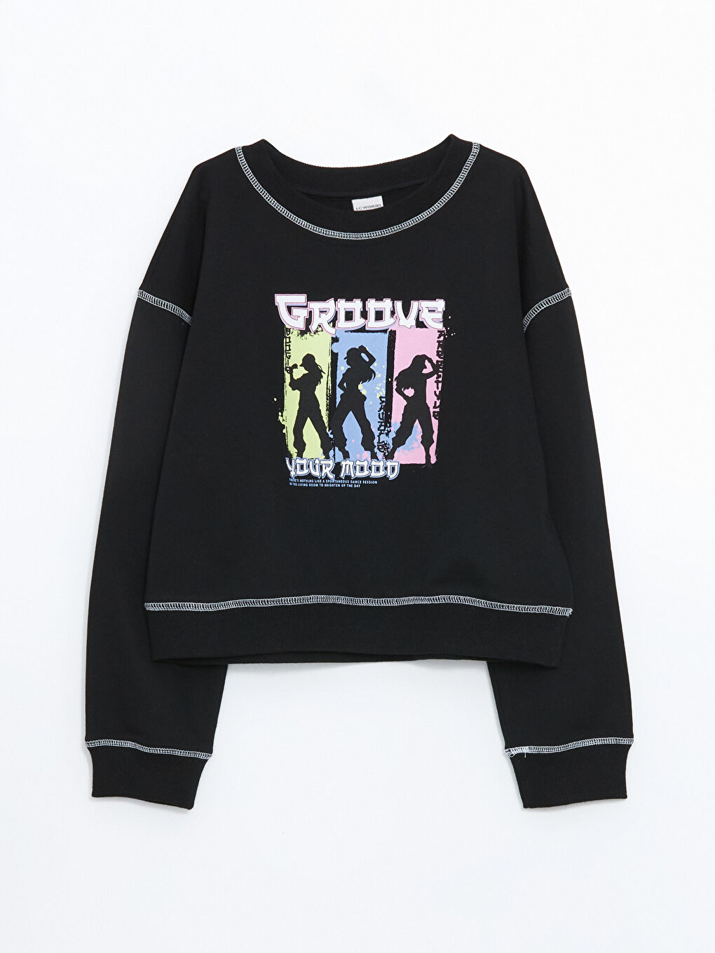 LCW Kids Siyah Bisiklet Yaka Baskılı Kız Çocuk Sweatshirt