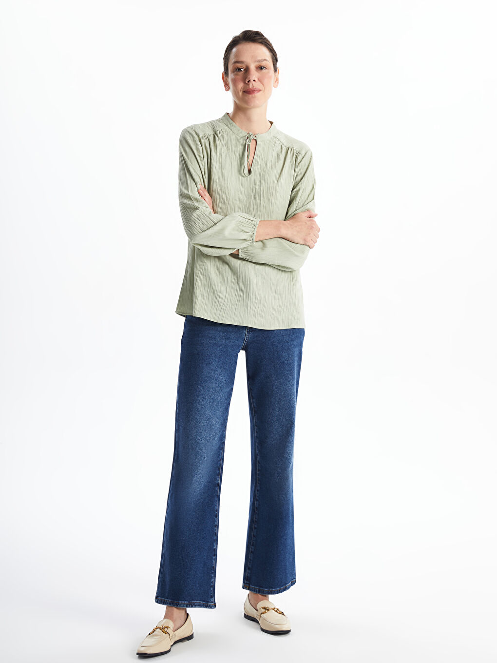 Teksturirana oversize ženska bluza sa kragnom na vezivanje -S58734Z8-RMF
