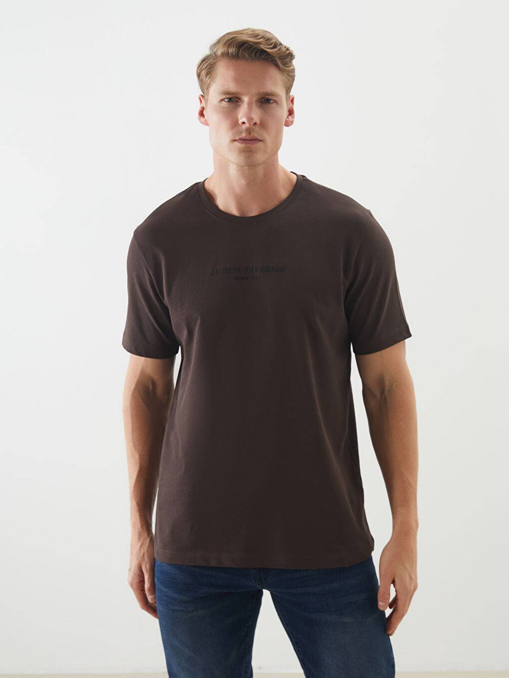 Kahverengi Bisiklet Yaka Baskılı Erkek Tişört