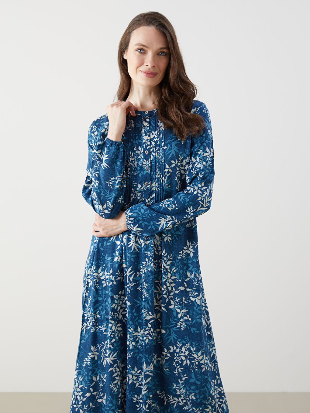 LCW Grace Indigo Bisiklet Yaka Çiçekli Kadın Elbise - 1