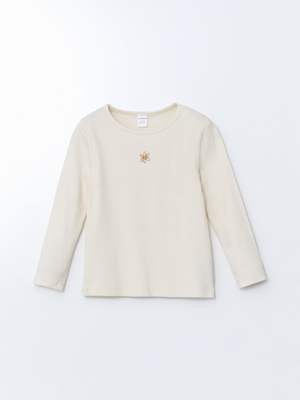 Bej Bisiklet Yaka Çiçek Nakışlı Kız Çocuk Tişört