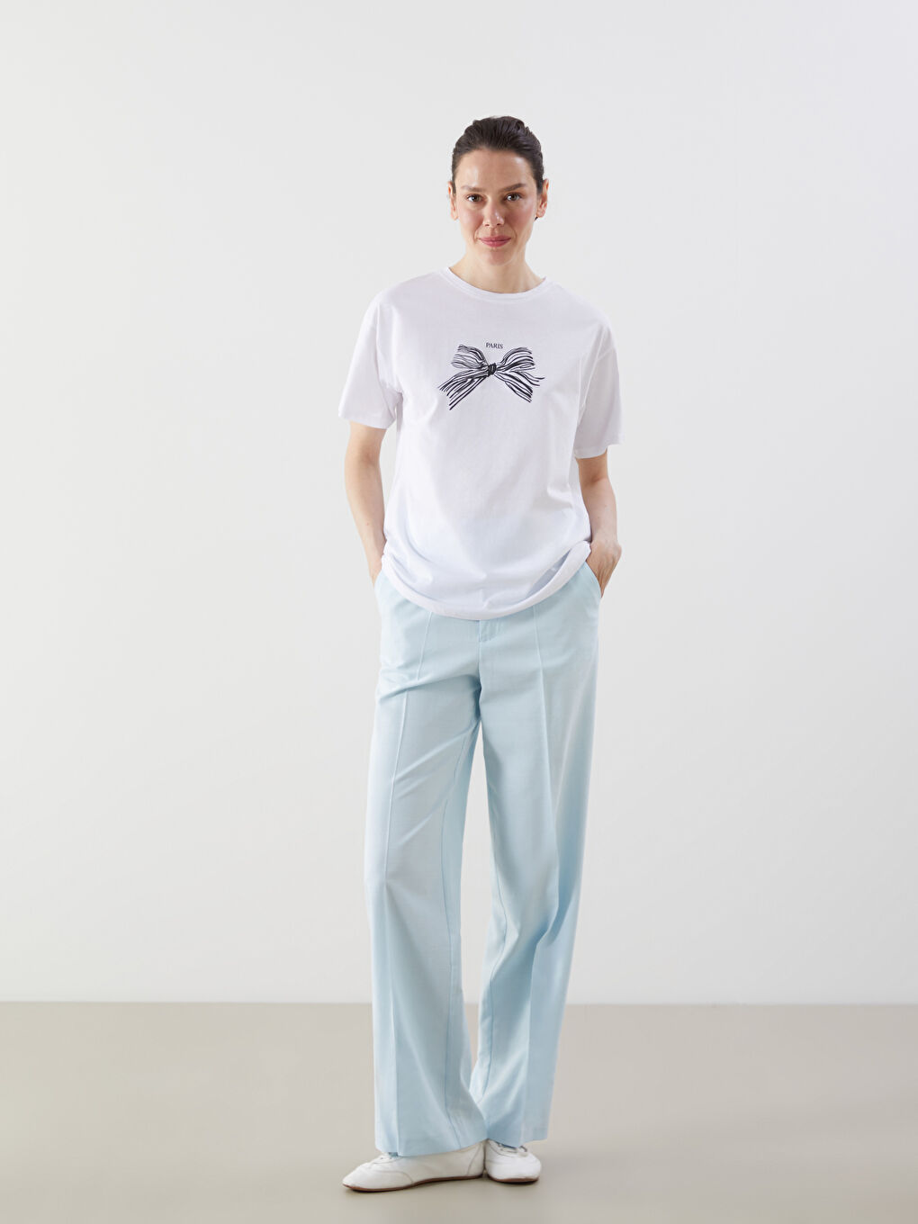 Crew Neck Bow Printed Women's T-Shirt -S59055Z8-Q6K