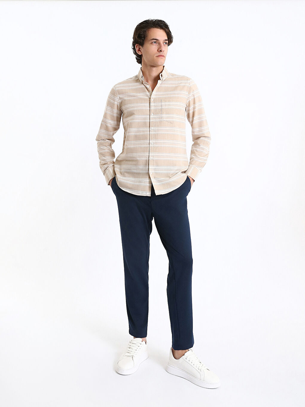Chemise Texturée Rayée Pour Hommes Coupe Régulière À Manches Longues-1