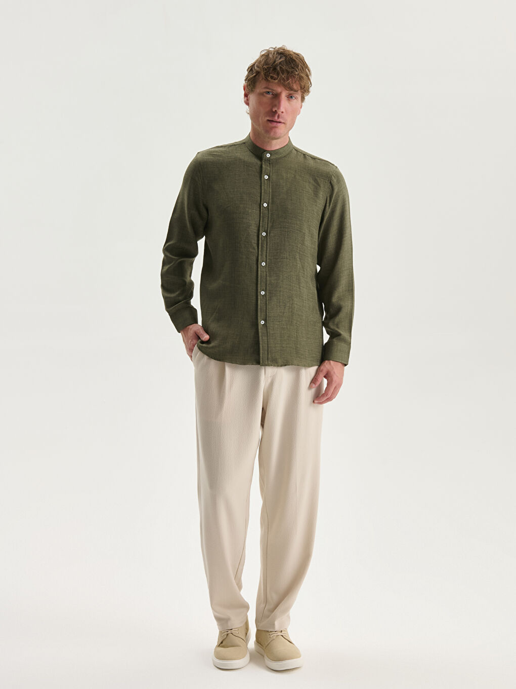 قميص كم طويل ياقة مندرين عادي للرجال-1