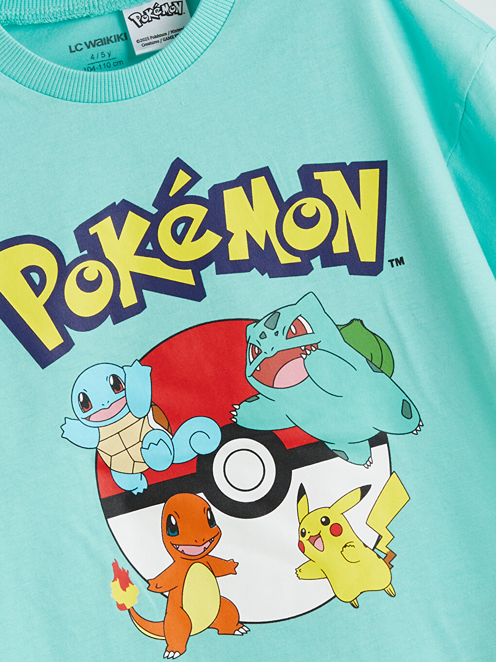 Turkuaz Bisiklet Yaka Pokémon Baskılı Erkek Çocuk Tişört-1