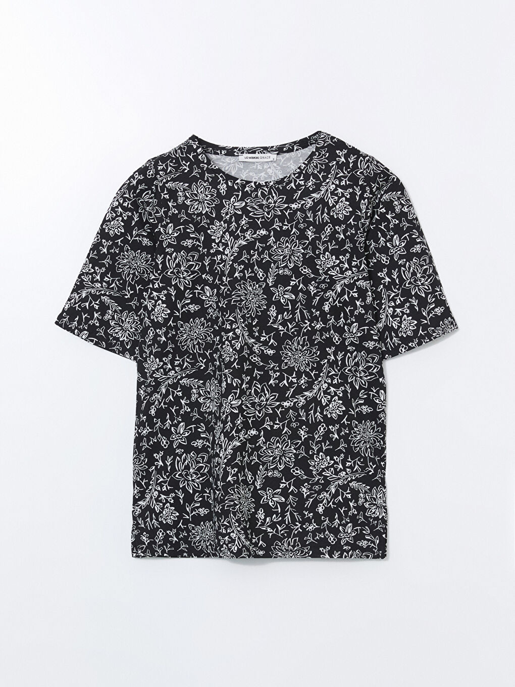 تي شيرت نسائي بكول مدور وزهري-4