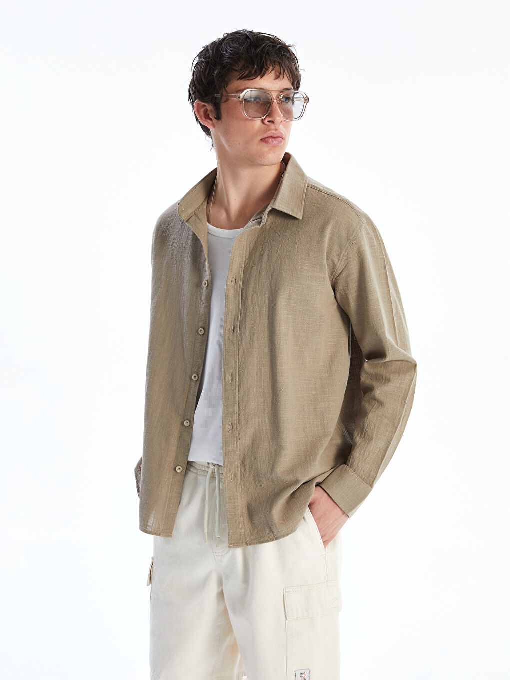 Regular Fit Long Sleeve Linen-Look Men's Shirt