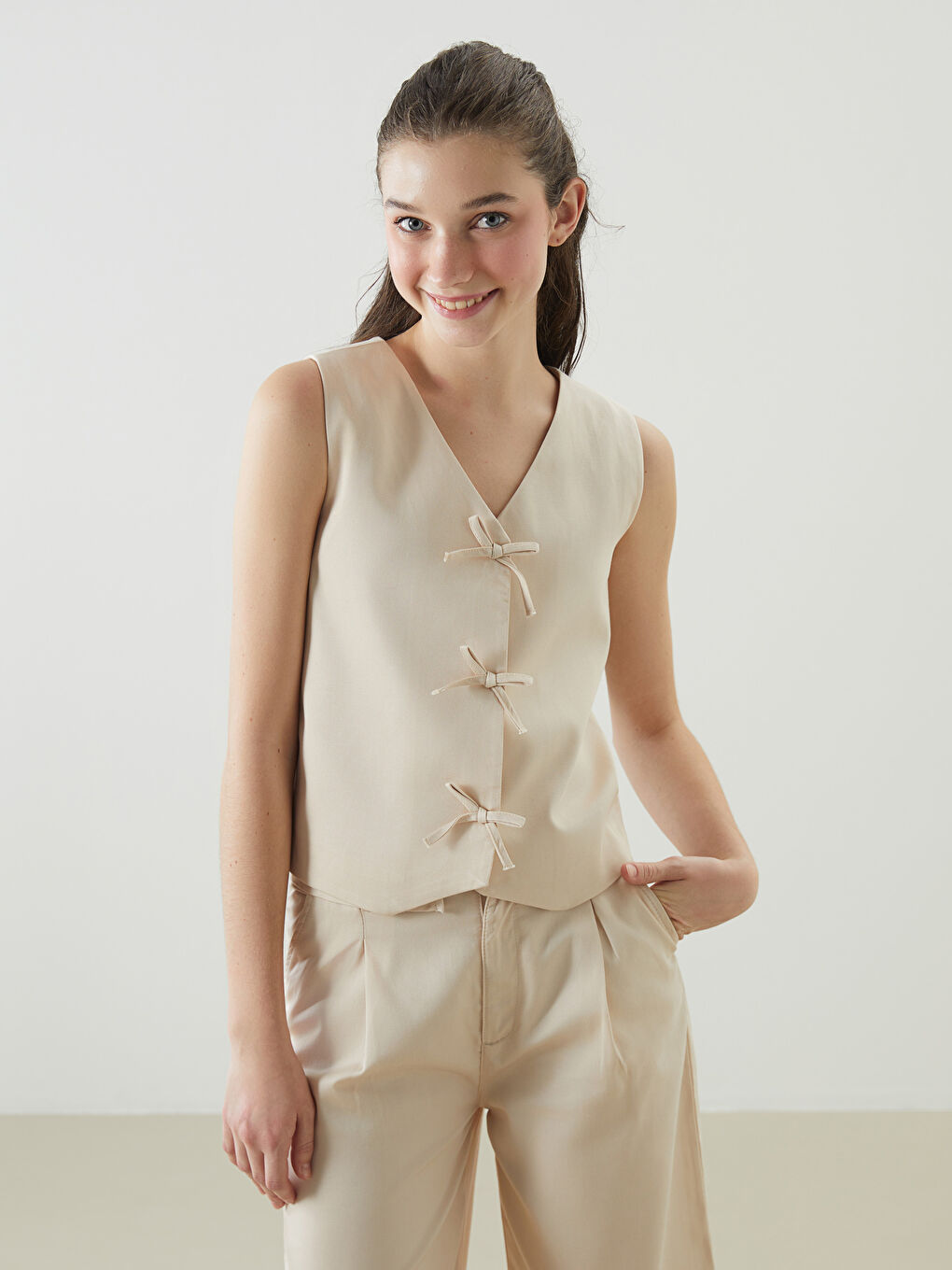 Bow Detail Young Girl Classic Waistcoat -S59267Z4-RMT