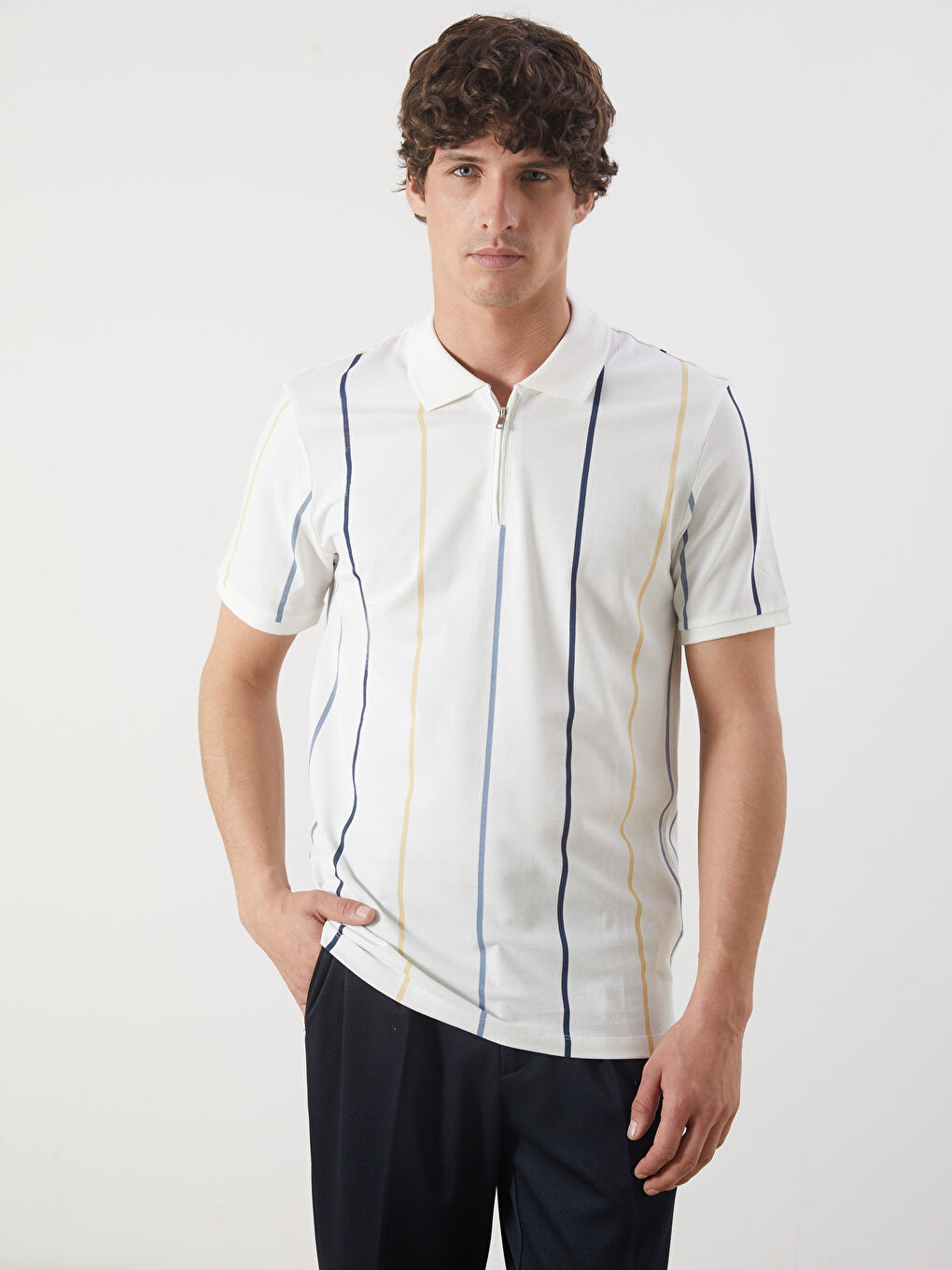 Sarı Polo Yaka Kısa Kollu Çizgili Pike Erkek Tişört