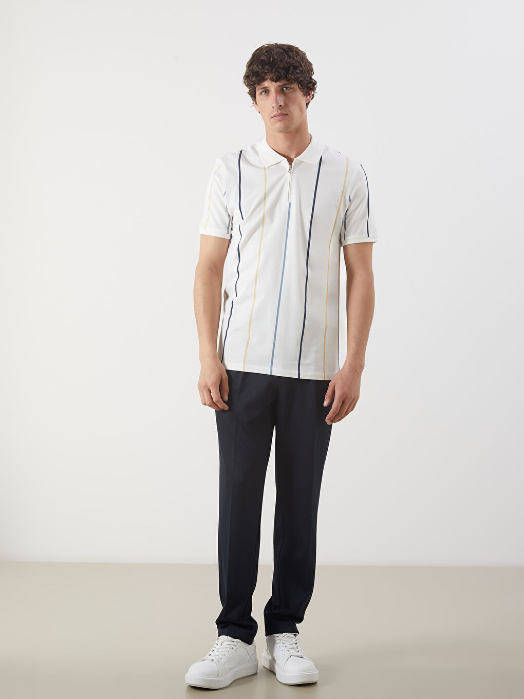 Sarı Polo Yaka Kısa Kollu Çizgili Pike Erkek Tişört-1